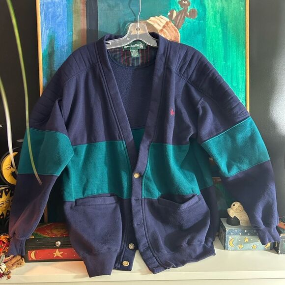 Vintage 80s 90s Classic Navy and Teal Cardigan by Knights Of Round Table Size M - Picture 11 of 15